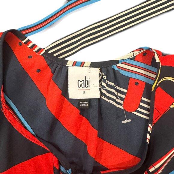 Cabi Womens Sleeveless Navy Blue Blouse Red & Blue Belt Print Size S Polyester - Picture 2 of 9